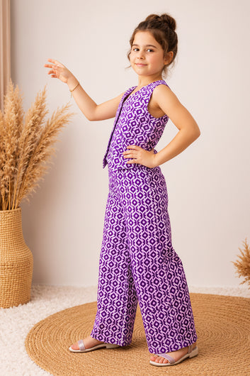 Girls Purple Cotton Geometric Printed Top And Palazzo Set