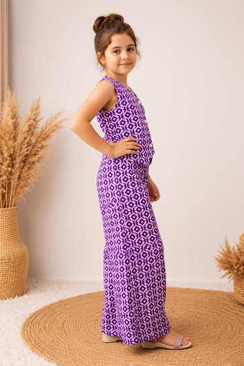 Girls Purple Cotton Geometric Printed Top And Palazzo Set