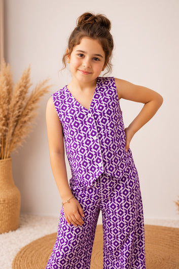 Girls Purple Cotton Geometric Printed Top And Palazzo Set
