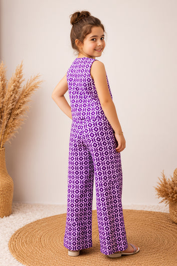 Girls Purple Cotton Geometric Printed Top And Palazzo Set