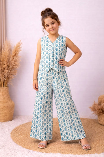 Girls White Cotton Printed Top And Palazzo Set