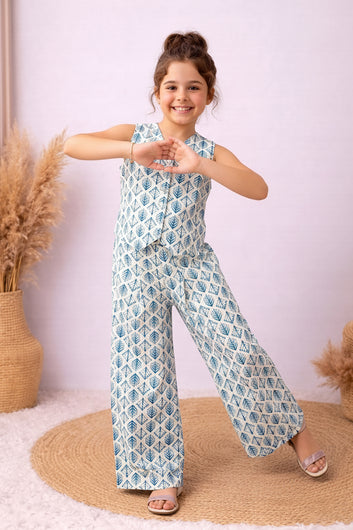Girls White Cotton Printed Top And Palazzo Set