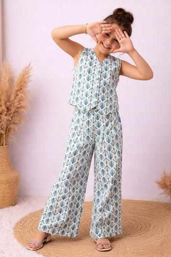 Girls White Cotton Printed Top And Palazzo Set