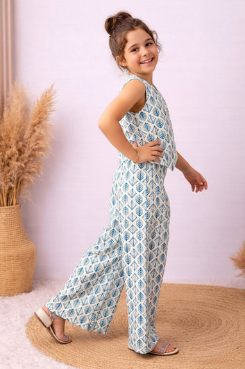 Girls White Cotton Printed Top And Palazzo Set