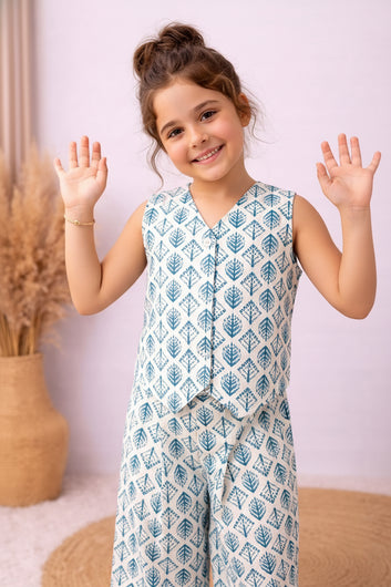 Girls White Cotton Printed Top And Palazzo Set