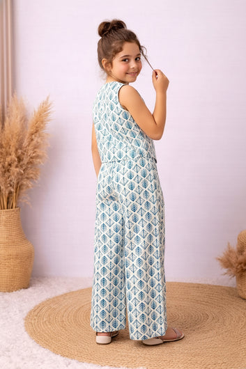 Girls White Cotton Printed Top And Palazzo Set