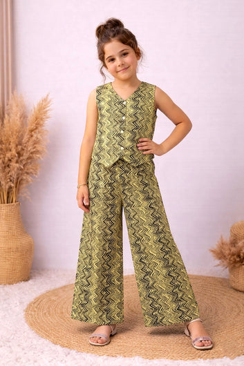 Girls Yellow Cotton Zig Zag Print Top And Palazzo Set