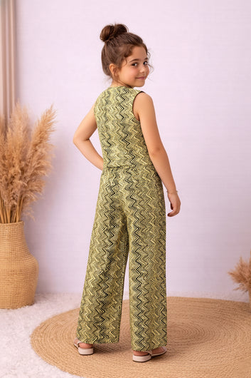 Girls Yellow Cotton Zig Zag Print Top And Palazzo Set