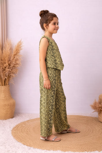 Girls Yellow Cotton Zig Zag Print Top And Palazzo Set