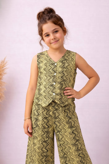 Girls Yellow Cotton Zig Zag Print Top And Palazzo Set