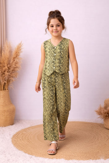 Girls Yellow Cotton Zig Zag Print Top And Palazzo Set