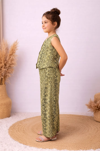 Girls Yellow Cotton Zig Zag Print Top And Palazzo Set