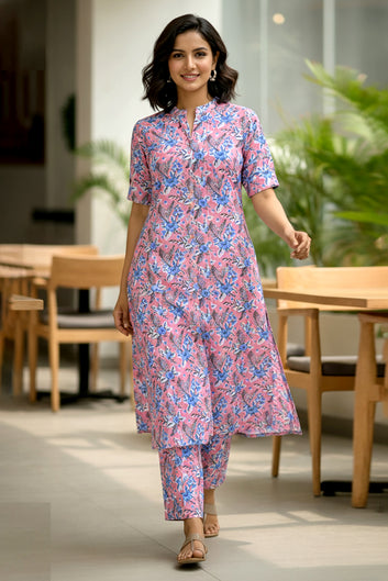 Women’s Multicolour Cotton Printed Kurta Palazzo Set