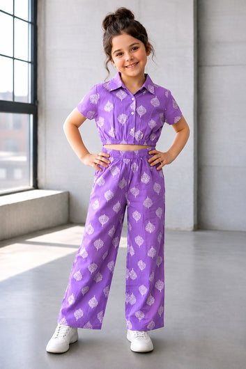 Girls Purple Cotton Printed Top And Pant Set