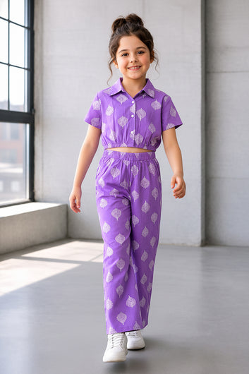 Girls Purple Cotton Printed Top And Pant Set