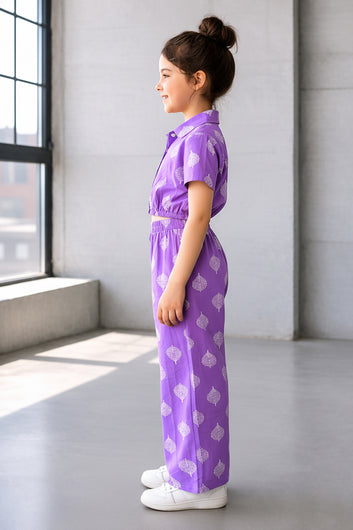 Girls Purple Cotton Printed Top And Pant Set