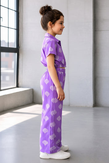 Girls Purple Cotton Printed Top And Pant Set