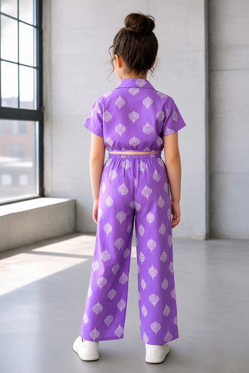 Girls Purple Cotton Printed Top And Pant Set