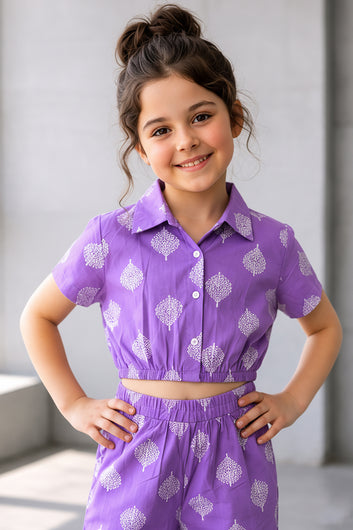 Girls Purple Cotton Printed Top And Pant Set