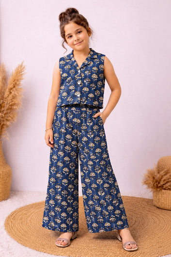 Girls Dark Blue Cotton Printed Top And Palazzo Set