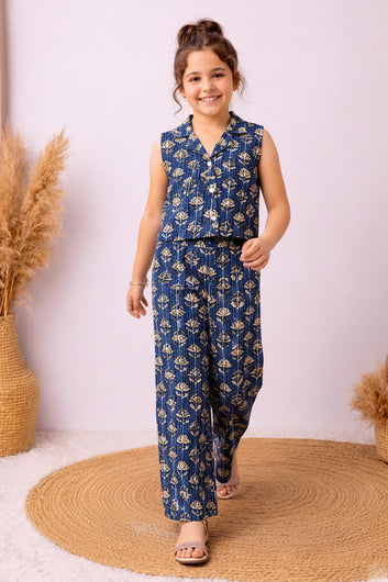 Girls Dark Blue Cotton Printed Top And Palazzo Set