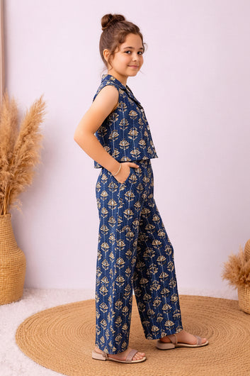 Girls Dark Blue Cotton Printed Top And Palazzo Set