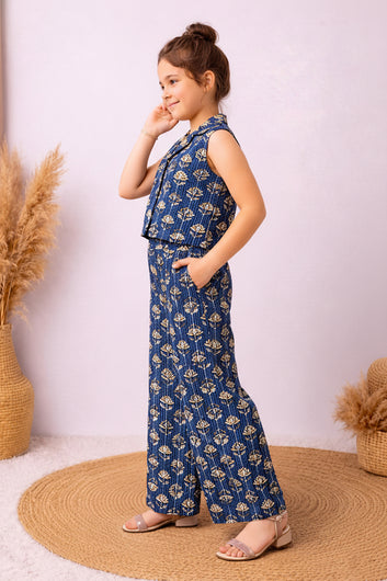Girls Dark Blue Cotton Printed Top And Palazzo Set