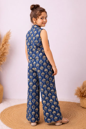 Girls Dark Blue Cotton Printed Top And Palazzo Set