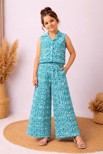 Girls Light Blue Cotton Printed Top And Palazzo Set