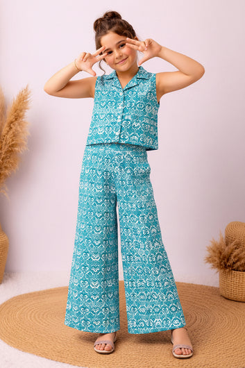 Girls Light Blue Cotton Printed Top And Palazzo Set