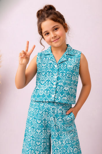 Girls Light Blue Cotton Printed Top And Palazzo Set
