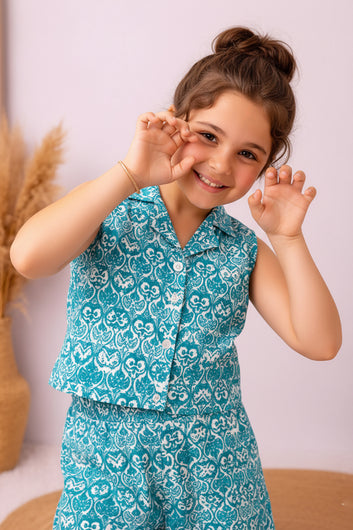 Girls Light Blue Cotton Printed Top And Palazzo Set