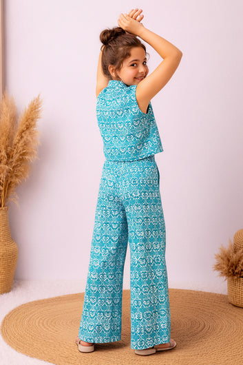 Girls Light Blue Cotton Printed Top And Palazzo Set