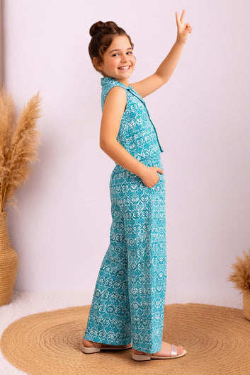 Girls Light Blue Cotton Printed Top And Palazzo Set