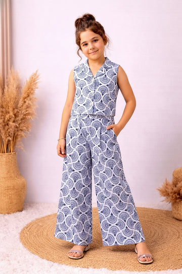 Girls White Cotton Blend Paisley Print V-Neck Top and Palazzo Set Trendy Girls Co-ords Set Stylish Girls Apparel Combo for Kids Summer Trends