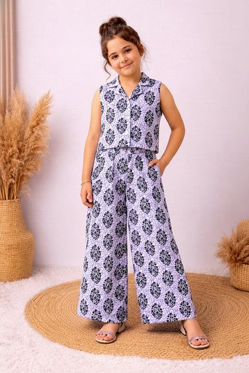 Girls White Cotton Floral Print Top And Palazzo Set
