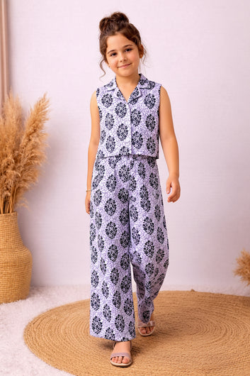 Girls White Cotton Floral Print Top And Palazzo Set