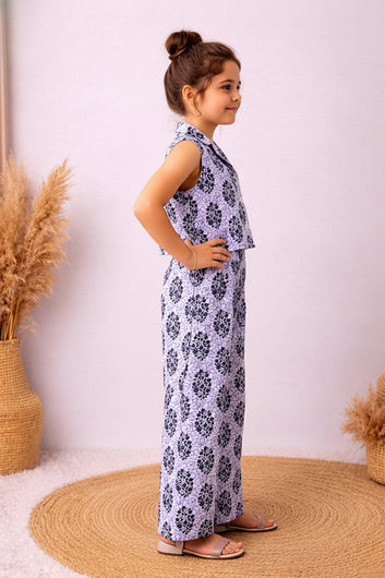 Girls White Cotton Floral Print Top And Palazzo Set