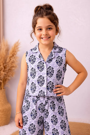 Girls White Cotton Floral Print Top And Palazzo Set