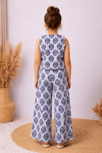 Girls White Cotton Floral Print Top And Palazzo Set