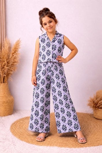 Girls White Cotton Floral Print Top And Palazzo Set