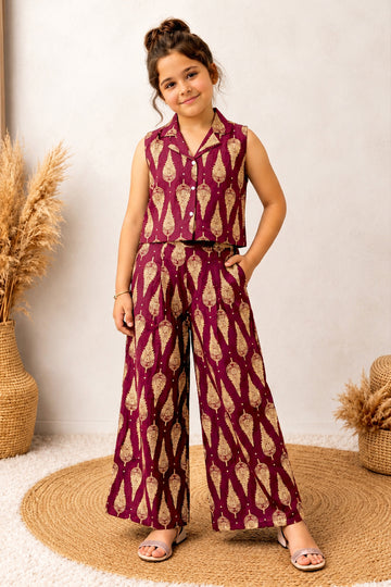 Girls maroon Cotton Printed Top And Palazzo Set