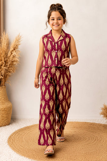 Girls maroon Cotton Printed Top And Palazzo Set