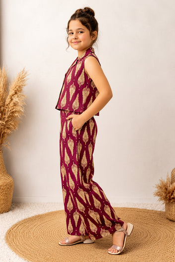 Girls maroon Cotton Printed Top And Palazzo Set
