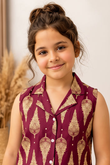 Girls maroon Cotton Printed Top And Palazzo Set