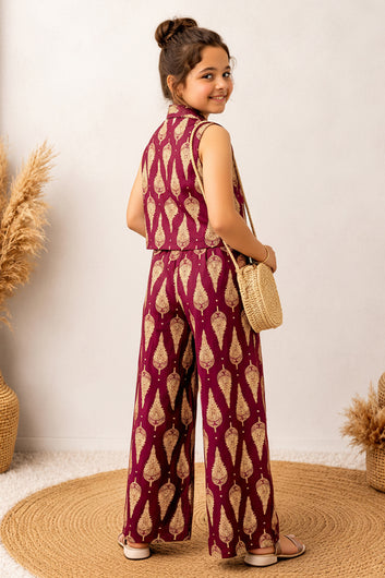 Girls maroon Cotton Printed Top And Palazzo Set