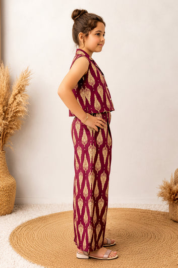 Girls maroon Cotton Printed Top And Palazzo Set