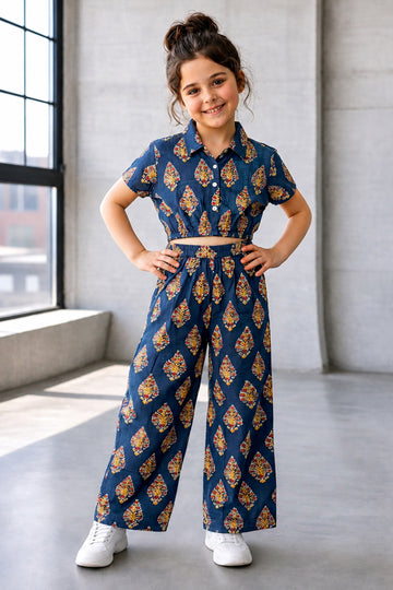 Girls Dark Blue Cotton Printed Top And Pant Set