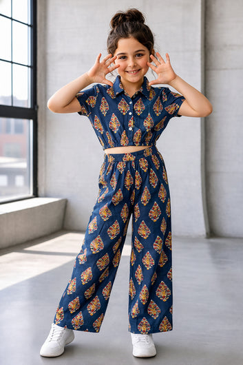 Girls Dark Blue Cotton Printed Top And Pant Set