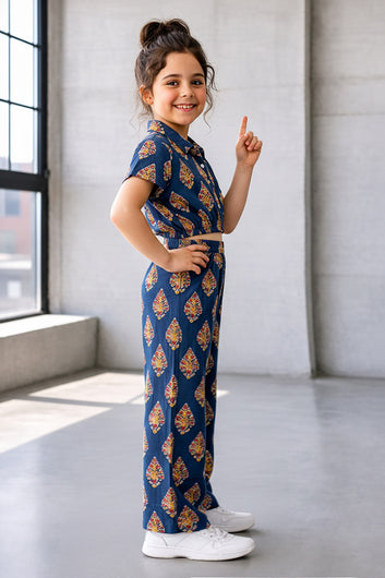 Girls Dark Blue Cotton Printed Top And Pant Set